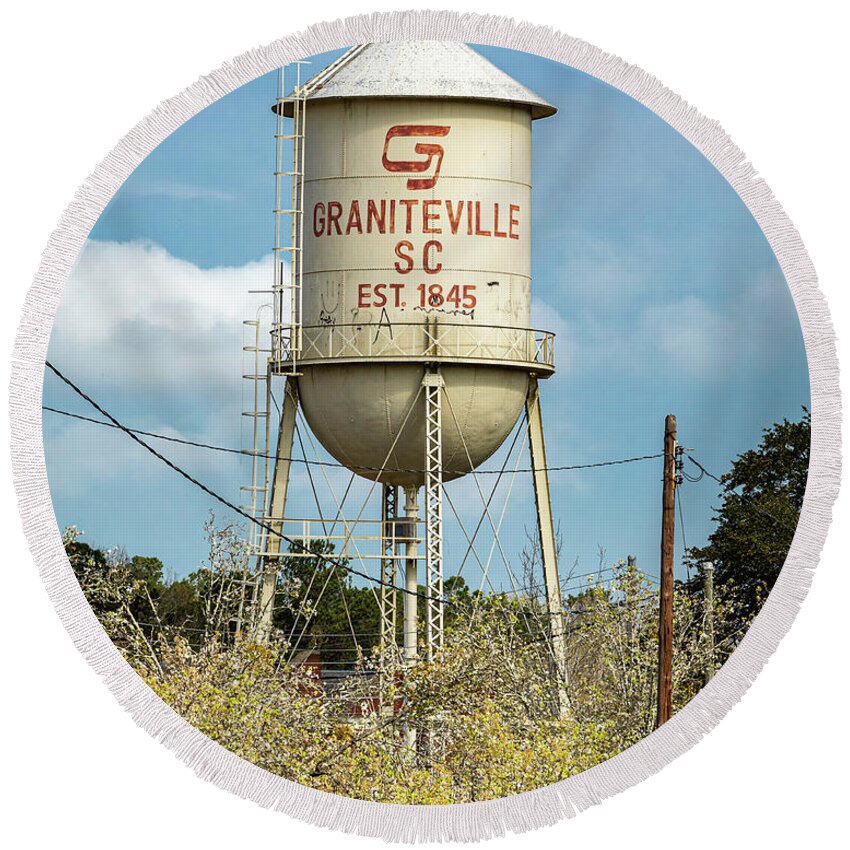 Aiken County Round Beach Towel featuring the photograph Graniteville Water Tower over Dogwoods by Sanjeev Singhal