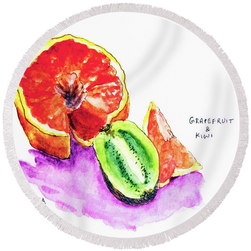 Pen And Ink Round Beach Towel featuring the painting Grapefruit and Kiwi by Vanaja's Fine-Art
