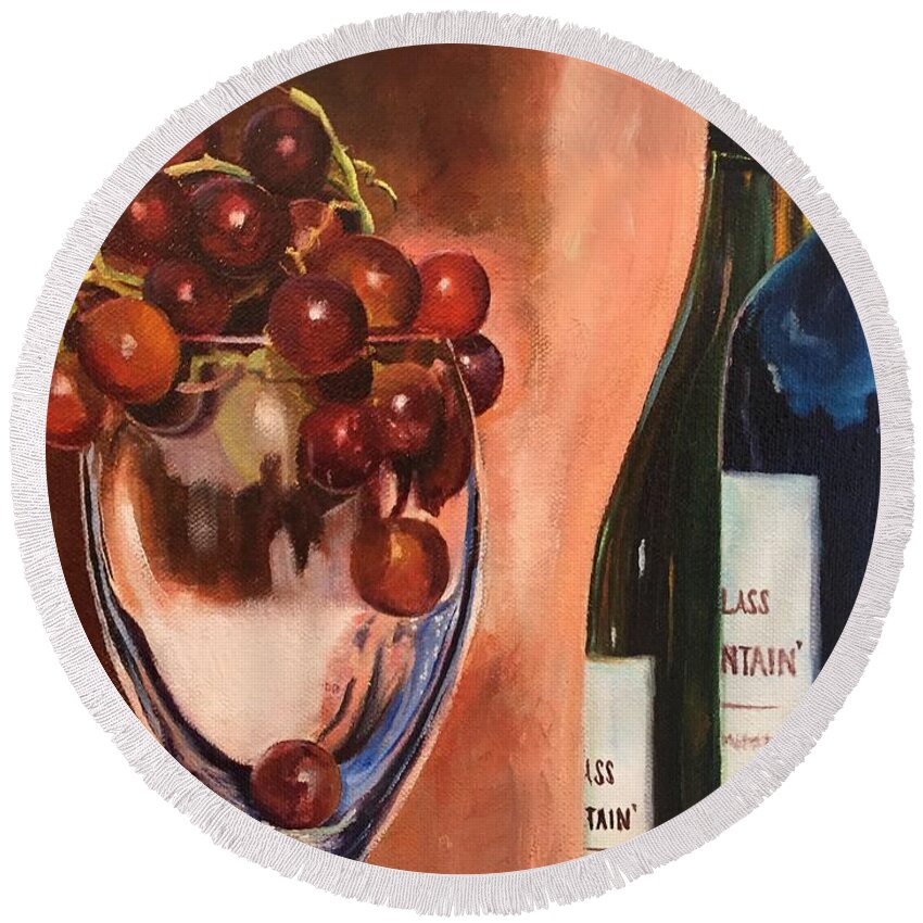 Grapes Round Beach Towel featuring the painting Grapes and Wine by Judy Rixom