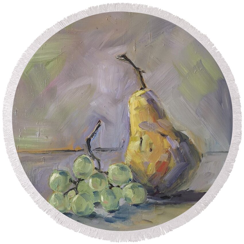 Still Life Round Beach Towel featuring the painting Grapes with Pear by Sheila Romard