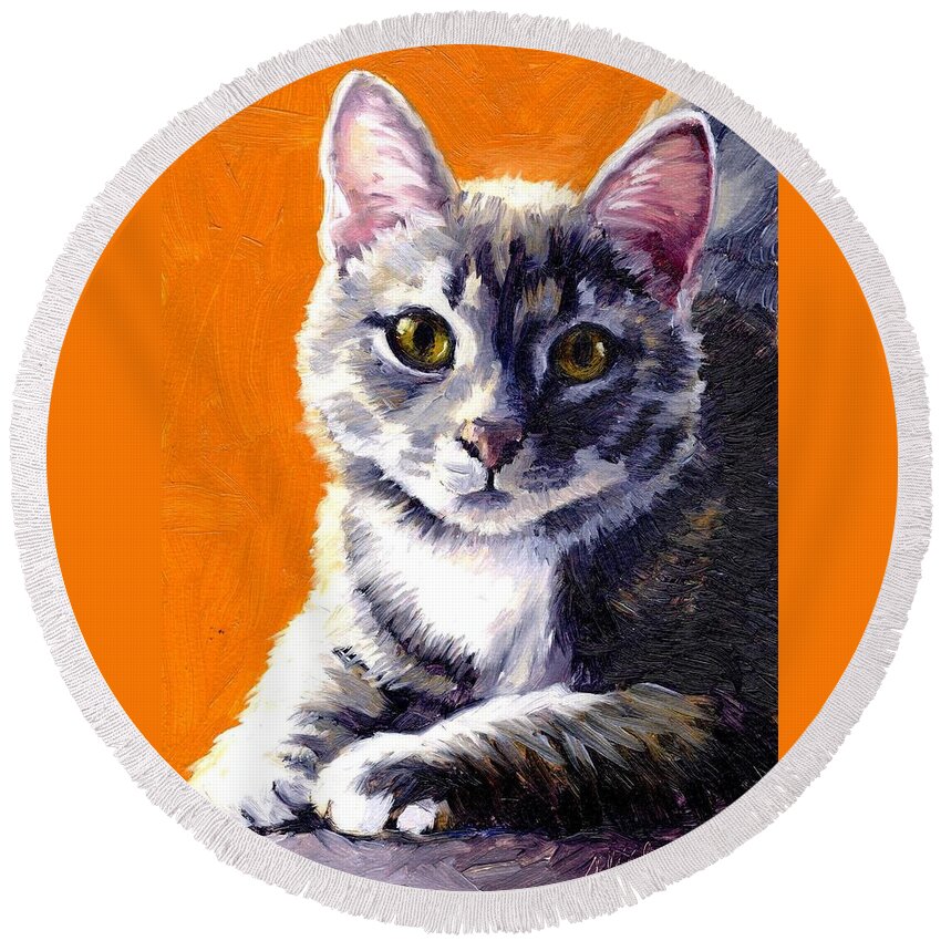 Cat Round Beach Towel featuring the painting Gray Tabby by Alice Leggett