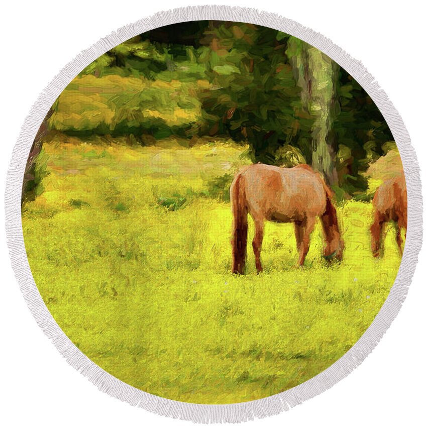 North Carolina Round Beach Towel featuring the photograph Grazing on Sunshine - Horses in a Pasture ap by Dan Carmichael