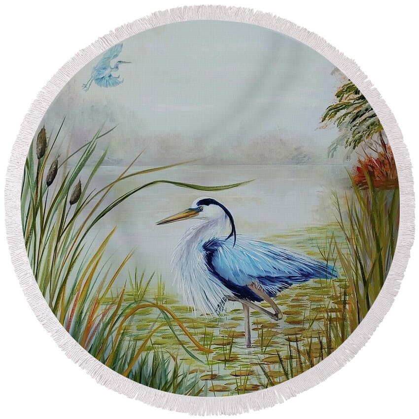 Great Blue Heron Round Beach Towel featuring the painting Great Blue by Connie Rish
