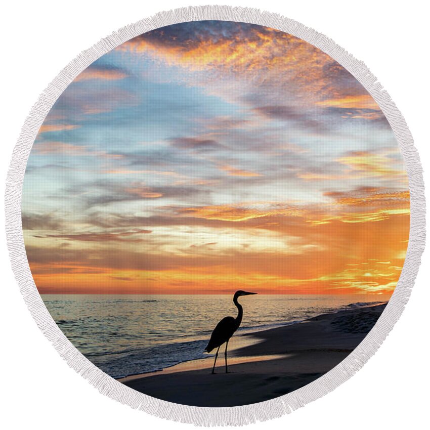 Great Round Beach Towel featuring the photograph Great Blue Heron on the Beach at Sunset by Beachtown Views