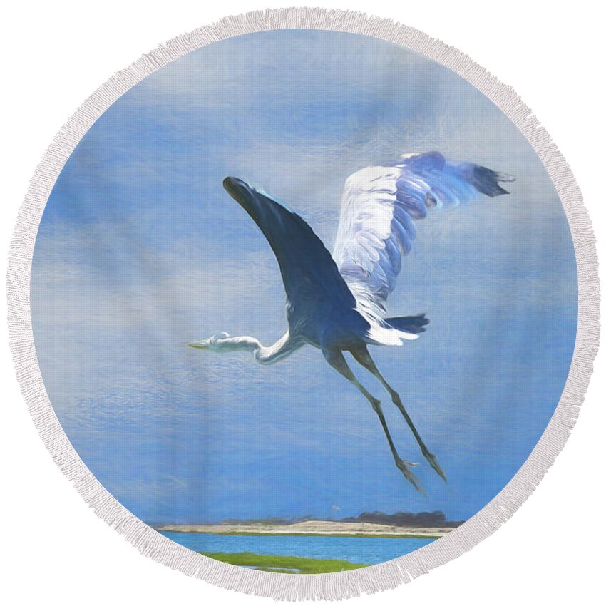 Linda Brody Round Beach Towel featuring the digital art Great Blue Heron Take Off 1 Artistic 1 by Linda Brody