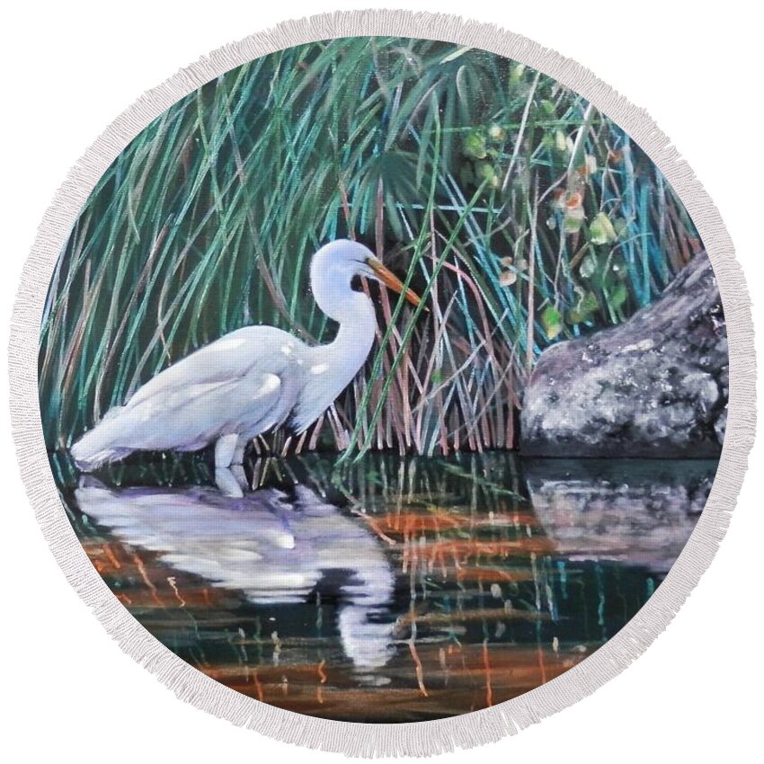 Egret Round Beach Towel featuring the painting Great Egret by John Neeve