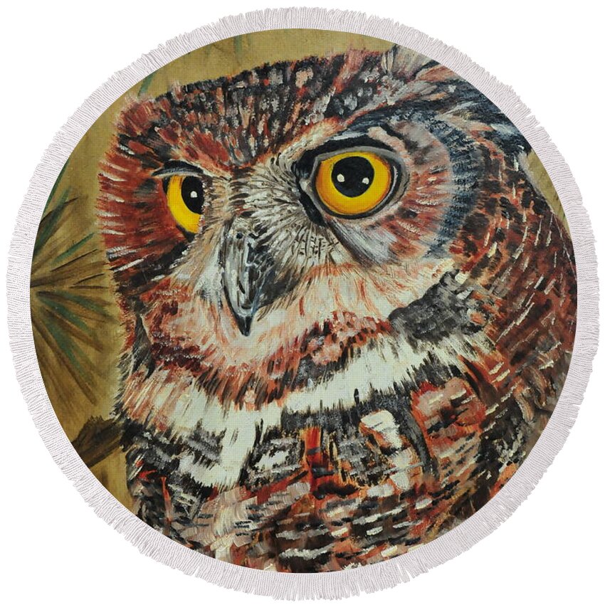 Owl Round Beach Towel featuring the painting Great Horned Owl by John W Walker