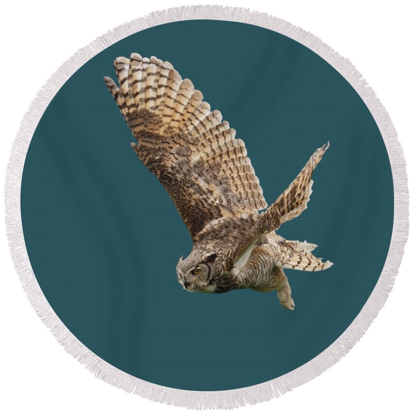 Great Horned Owl Round Beach Towel featuring the mixed media Great Horned Owl Sans Background by Judy Cuddehe