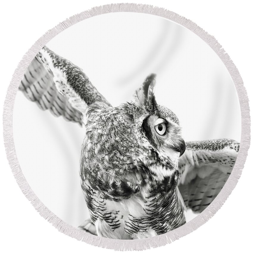 Black Round Beach Towel featuring the photograph Great Horned Own in Black and White by Carolyn Hutchins