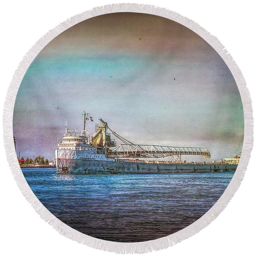 Cargo Ship Round Beach Towel featuring the photograph Great Lakes Freighter by Tatiana Travelways