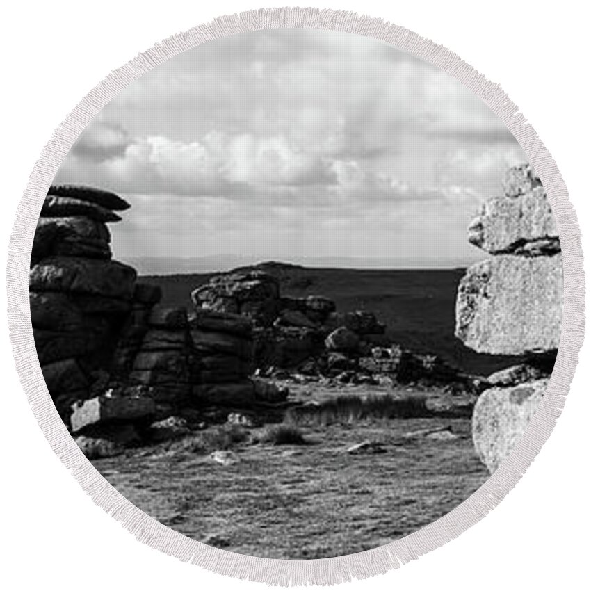 Devon Round Beach Towel featuring the photograph Great Staple Tor Dartmoor National Park England Panorama Black And White by Sonny Ryse