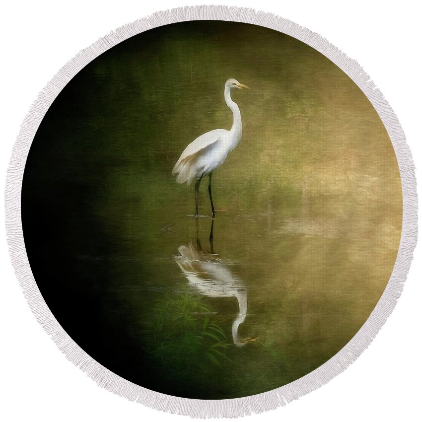 Egret Round Beach Towel featuring the photograph Great White Egret by Marjorie Whitley