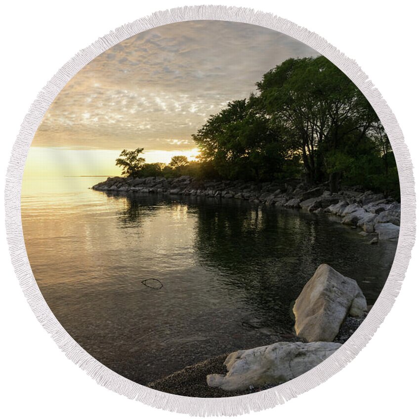 Glossy Daybreak Round Beach Towel featuring the photograph Green and Glossy Summer - Sunrise on the Shore of Lake Ontario by Georgia Mizuleva