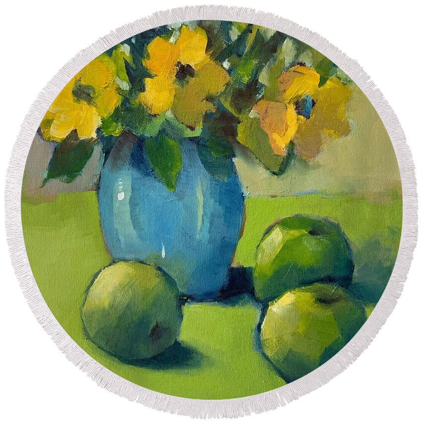 Apples Round Beach Towel featuring the painting Green Apples by Michelle Abrams