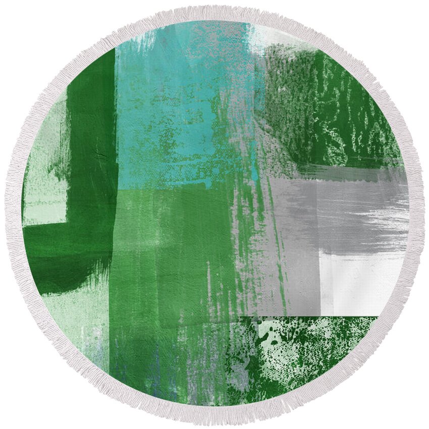 Abstract Round Beach Towel featuring the mixed media Green, Blue and Gray Abstract 2- Art by Linda Woods by Linda Woods