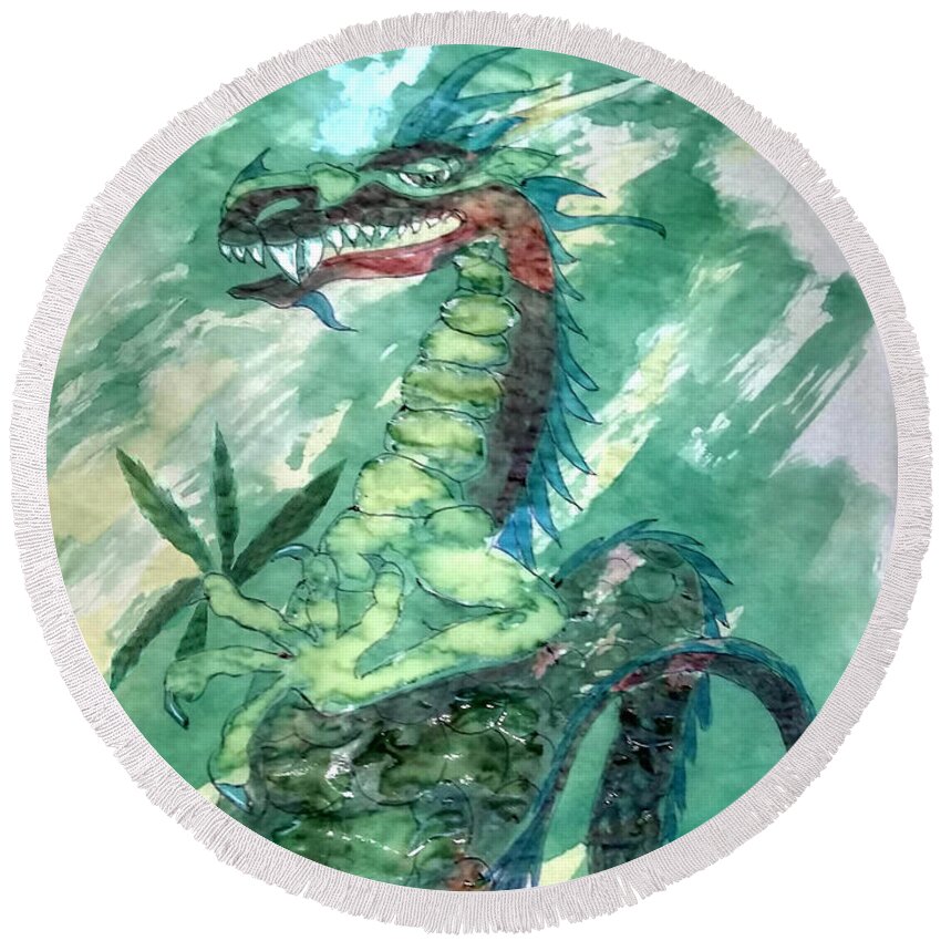 Dragon Round Beach Towel featuring the painting Green Dragon by Vallee Johnson