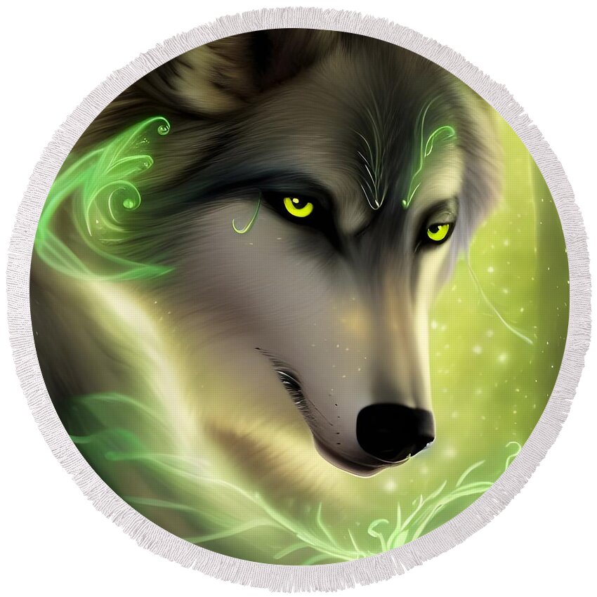 Digital Round Beach Towel featuring the digital art Green-Eyed Wolf by Beverly Read