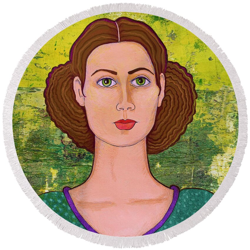 Woman Round Beach Towel featuring the mixed media Green Eyed Woman by Lorena Cassady