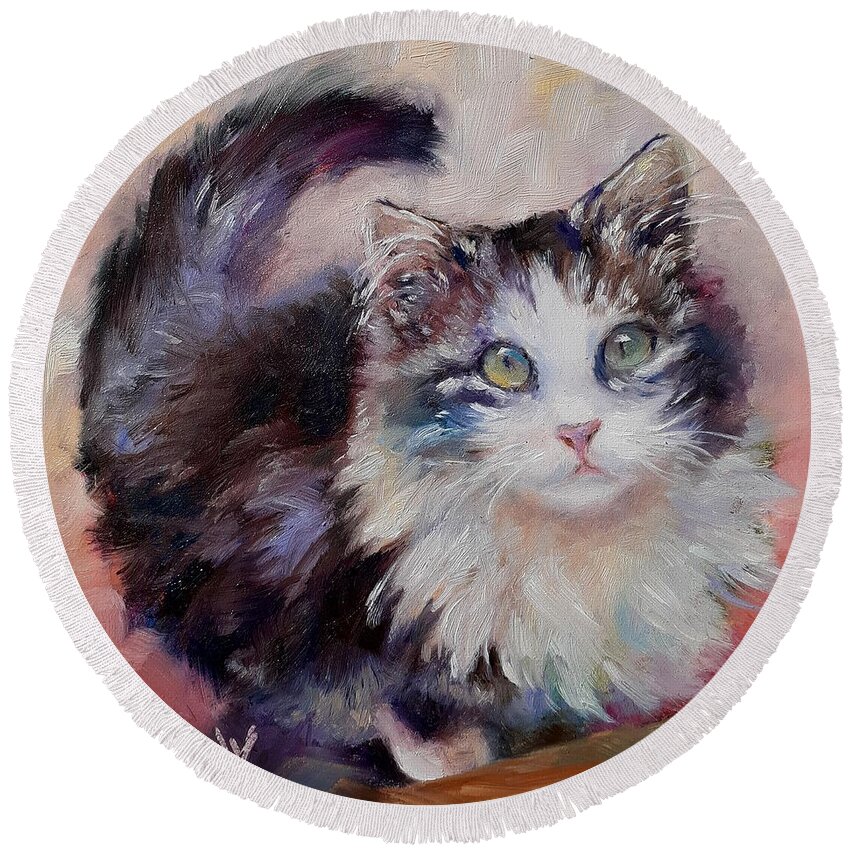 Cat Round Beach Towel featuring the painting Green Eyes by Wendy Ray