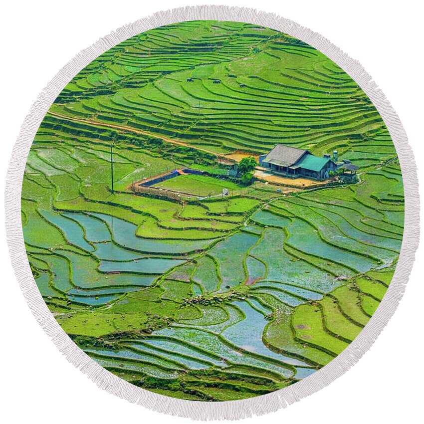 Black Round Beach Towel featuring the photograph Green Field Terraces by Arj Munoz
