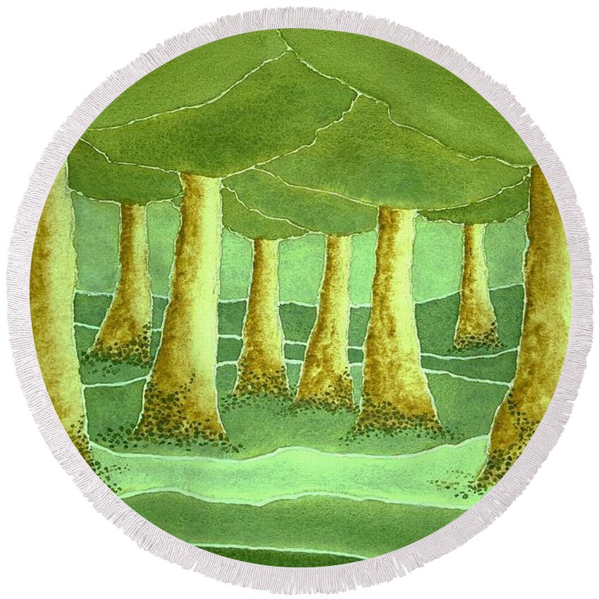 Watercolor Round Beach Towel featuring the painting Green Grove by John Klobucher