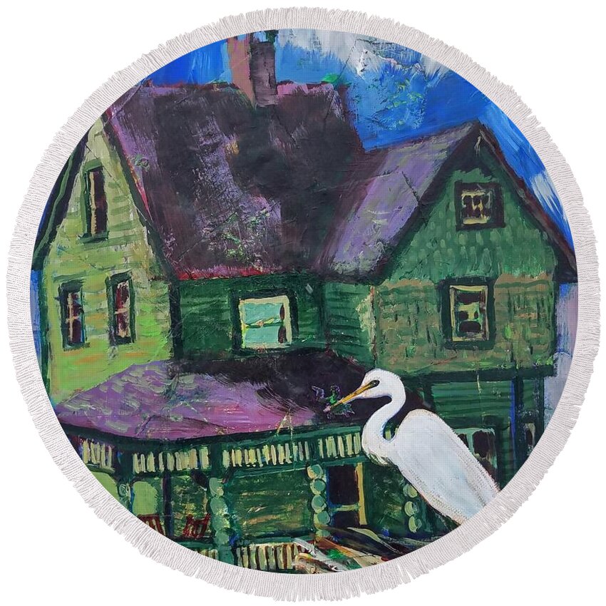 Bird Round Beach Towel featuring the painting Green House Crane by Tilly Strauss