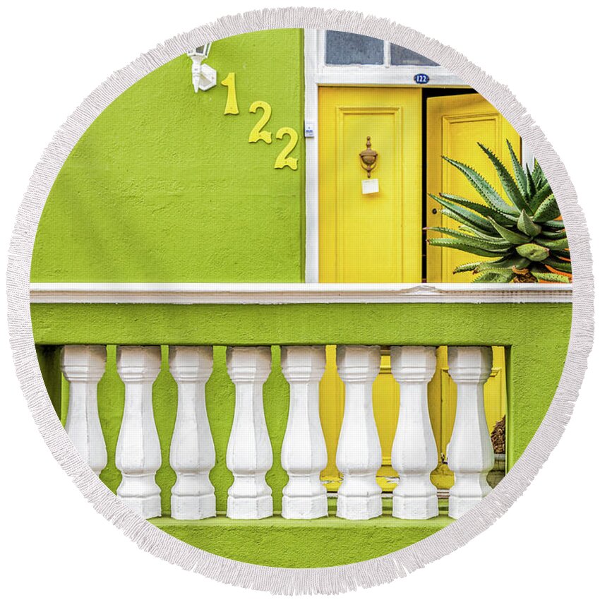 Bo Kaap Round Beach Towel featuring the photograph Green House Yellow Door by Elvira Peretsman