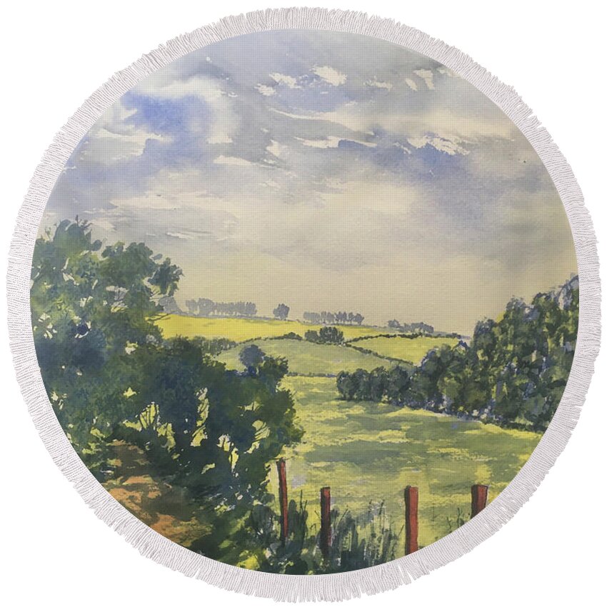 Watercolour Round Beach Towel featuring the painting Green Lane off Fordon Road by Glenn Marshall