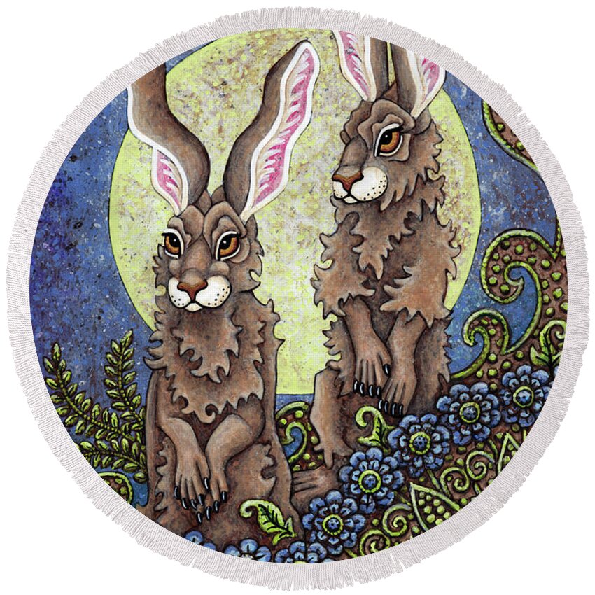 Hare Round Beach Towel featuring the painting Green Moon Guardians by Amy E Fraser