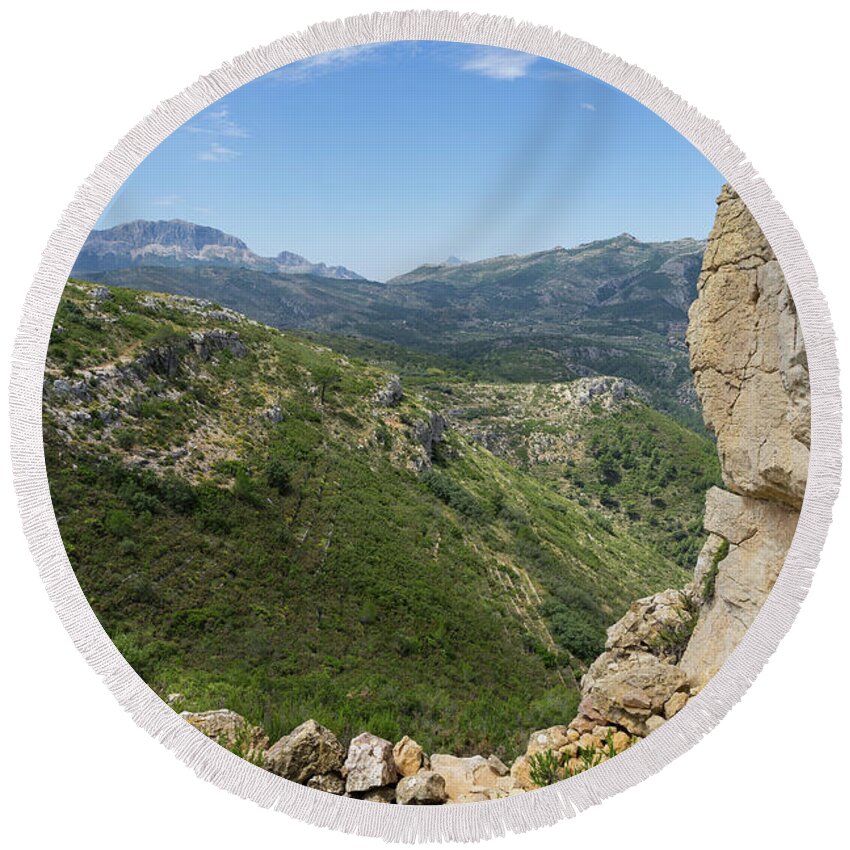 Mountains Round Beach Towel featuring the photograph Green mountain landscape and rocks by Adriana Mueller
