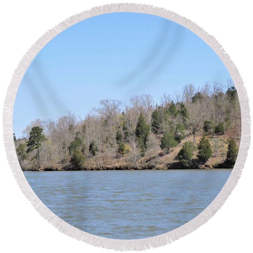 Trees Round Beach Towel featuring the photograph Green Tree Lake Framing by Ed Williams