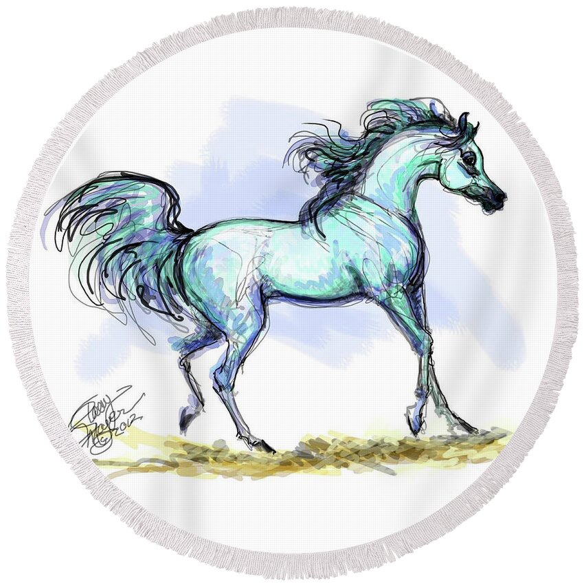Equestrian Art Round Beach Towel featuring the digital art Grey Arabian Stallion Watercolor by Stacey Mayer by Stacey Mayer