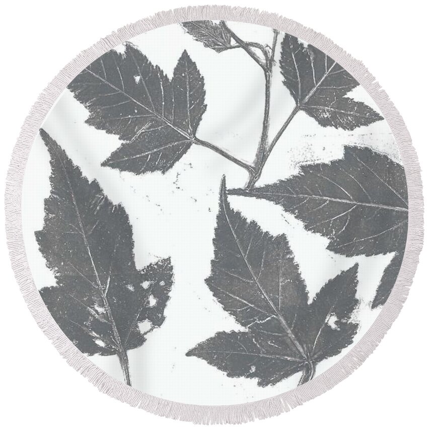 Leaves Round Beach Towel featuring the painting Grey maple leaves by Ruth Kamenev