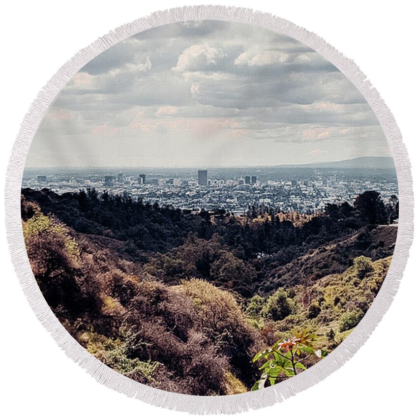 Griffith Observatory Drive View Round Beach Towel featuring the photograph Griffith Observatory Drive View by Jera Sky