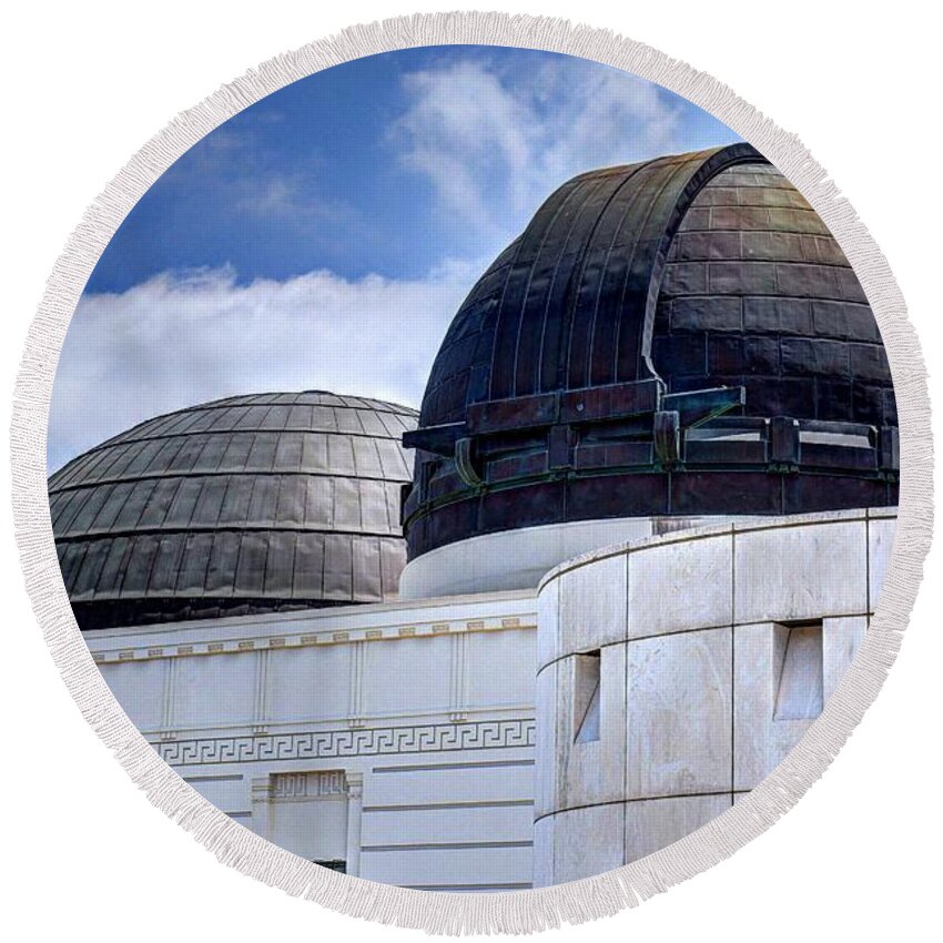 La Observatory Telescope Round Beach Towel featuring the photograph Griffith Observatory by Jon Herrera