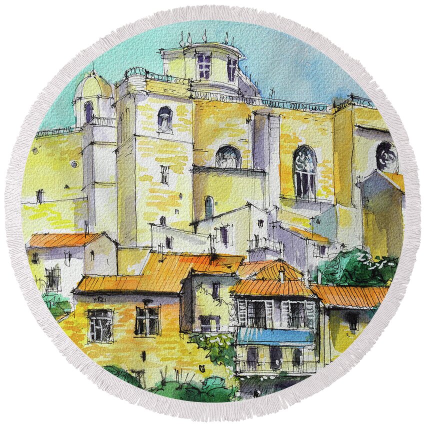 Grignan Round Beach Towel featuring the painting GRIGNAN VILLAGE PROVENCE FRANCE watercolor painting Mona Edulesco by Mona Edulesco