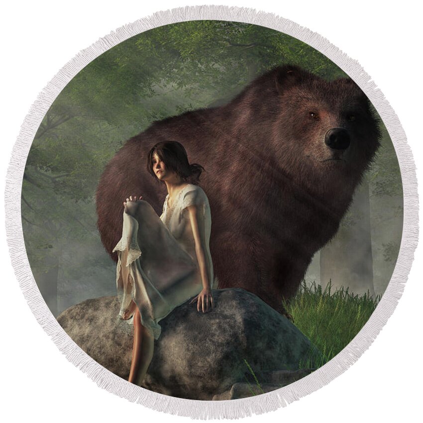 Grizzly Bear Round Beach Towel featuring the digital art Grizzly Bear and Girl in a Nightgown by Daniel Eskridge