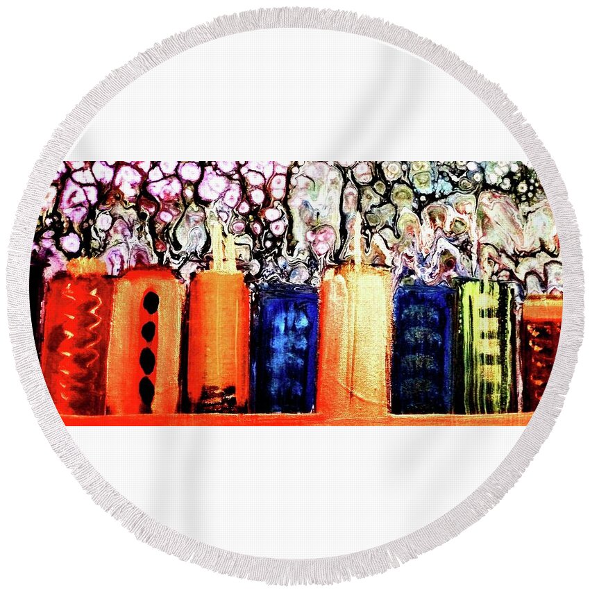 City Round Beach Towel featuring the painting Groovy City by Anna Adams