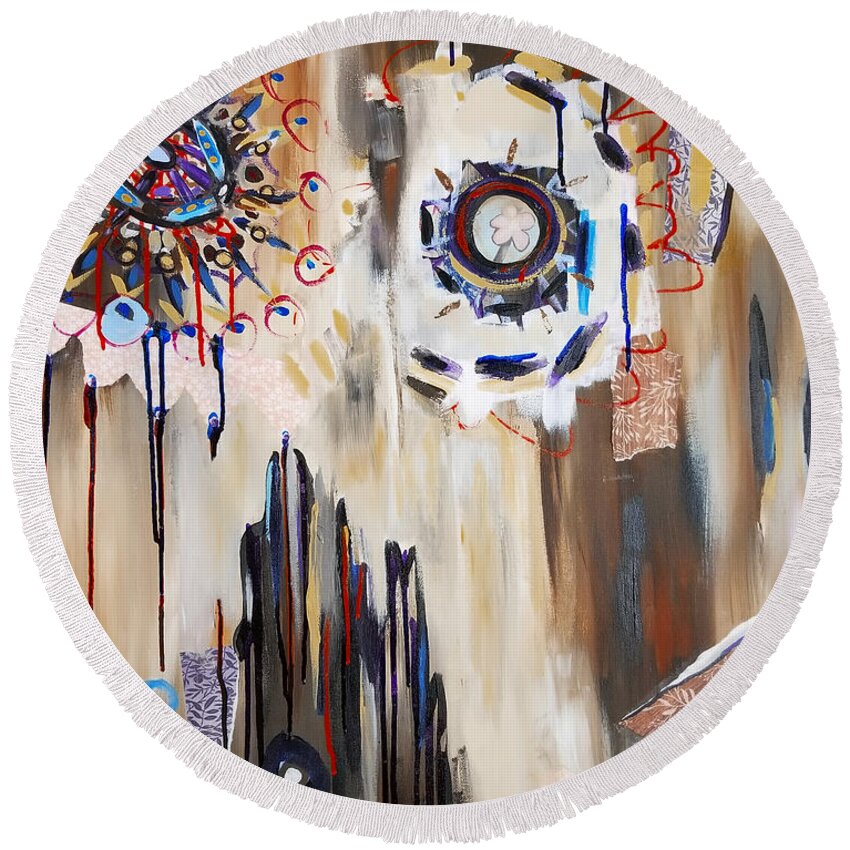 Abstract Round Beach Towel featuring the mixed media Grounded by Catherine Gruetzke-Blais
