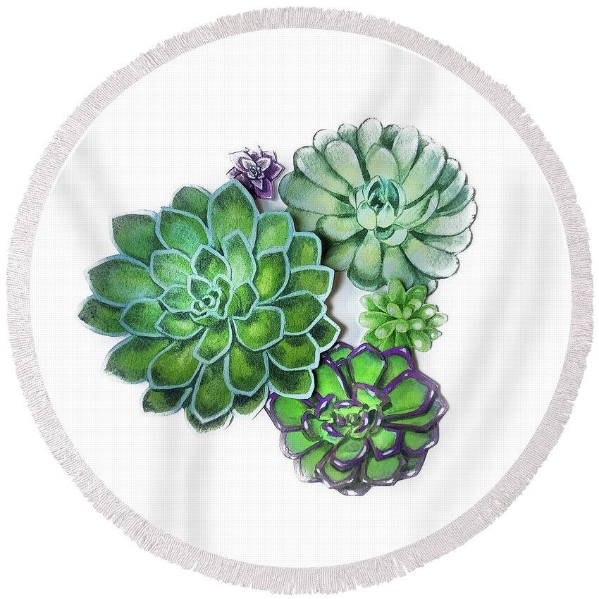 Succulent Round Beach Towel featuring the painting Group Of Succulent Plants Watercolor Illustration III by Irina Sztukowski