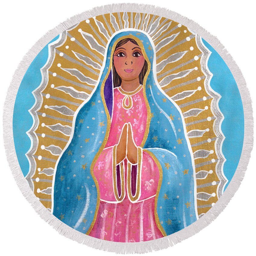 Guadalupe Round Beach Towel featuring the painting Guadalupe of the Light by Candy Mayer