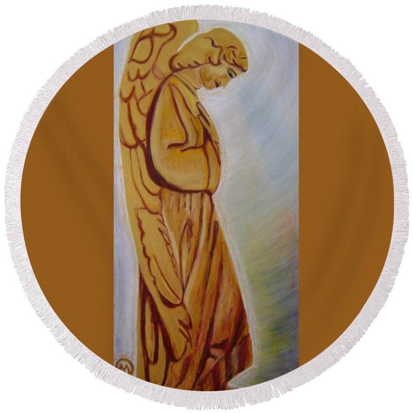 Guardian Angel Ii Round Beach Towel featuring the painting Guardian Angel II by Therese Legere