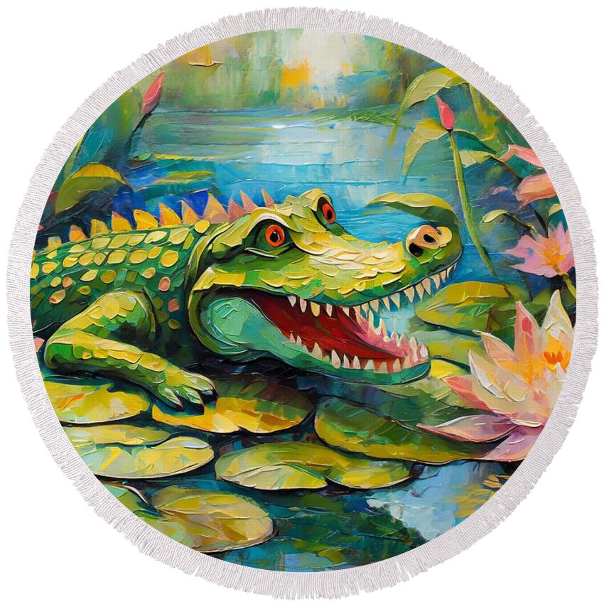 Oil Painting Round Beach Towel featuring the mixed media Guardian of the Lily Pond by Susan Rydberg