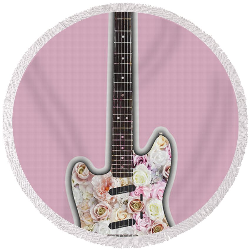 Guitar Round Beach Towel featuring the painting Guitar Flowers Floral by Tony Rubino