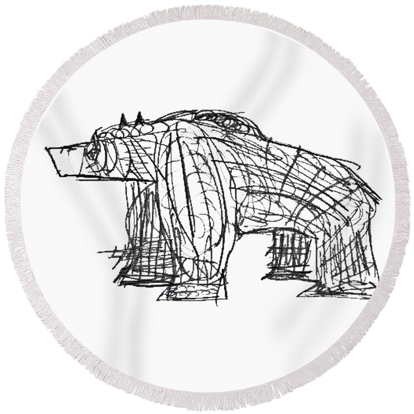 Animal Round Beach Towel featuring the drawing Gung Ho Bear by Pam O'Mara