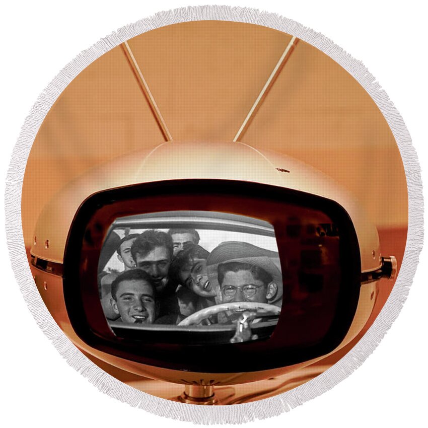 50s Round Beach Towel featuring the digital art Guys Driving 50s Television by Matthew Bamberg