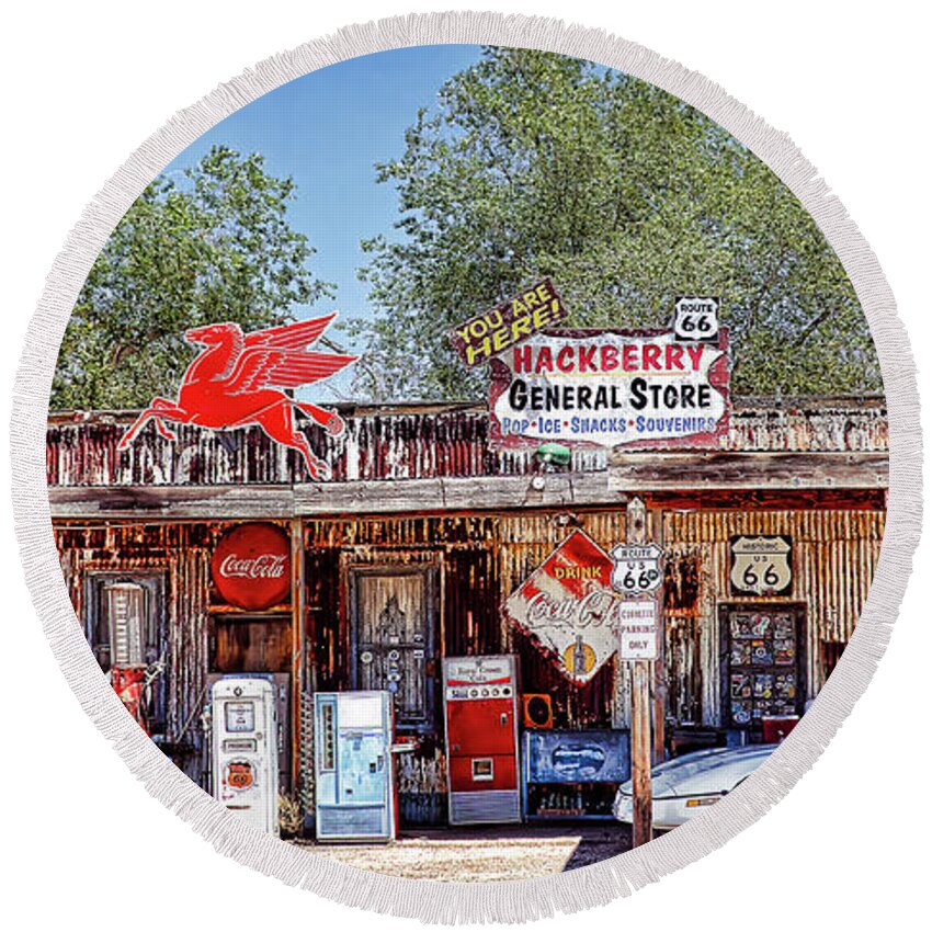 Hackberry Round Beach Towel featuring the photograph Hackberry General Store on Route 66, Arizona by Tatiana Travelways