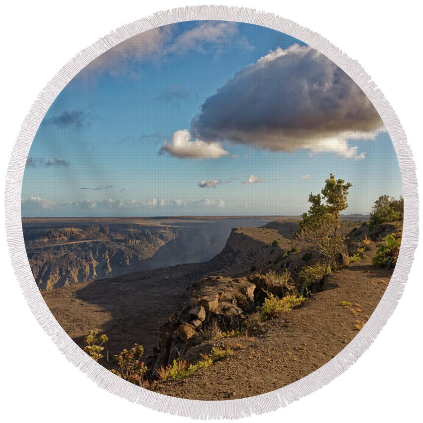 Halemaumau Crater Round Beach Towel featuring the photograph Halemaumau Crater with Cloud by Heidi Fickinger