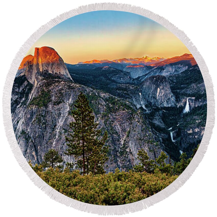 California Round Beach Towel featuring the photograph Half Dome Sunset at Yosemite Panorama by Dan Carmichael