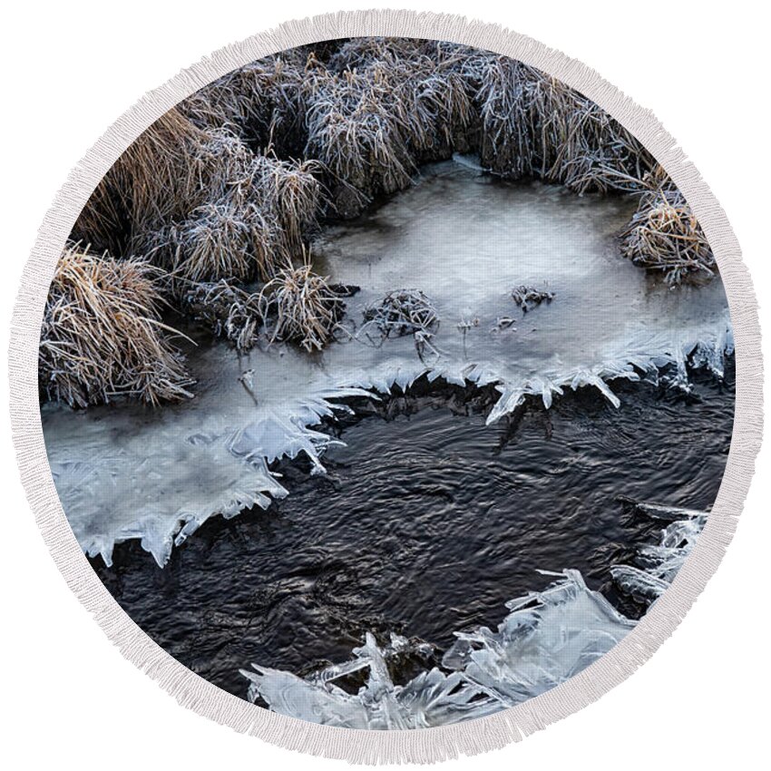Ice Round Beach Towel featuring the photograph Half Frozen Creek by Karen Rispin